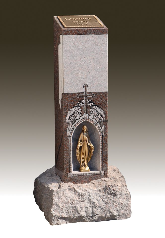 Granite Memorial RM-07033 Pillar with alcove and statue in Rustic Mahogany